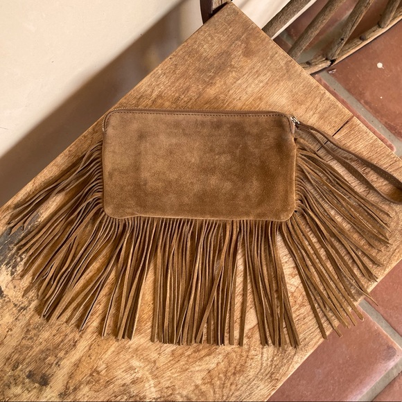 RALPH LAUREN Western Fringed Brown Suede Equestrian Clutch Wristlet Pockets NICE - Picture 3 of 10